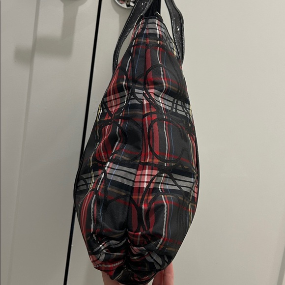 Coach (EUC) Poppy Black and Red Plaid Tote with Black Sequin Trimming & Handles - Picture 5 of 15